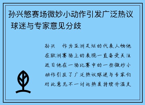 孙兴慜赛场微妙小动作引发广泛热议 球迷与专家意见分歧